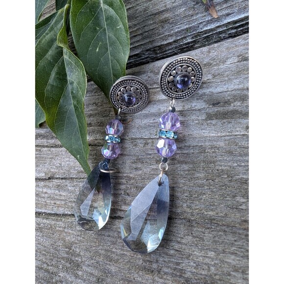 Vintage Sterling Amethyst Purple Swarovski Crystal Earrings, Purple Earrings - Picture 8 of 10
